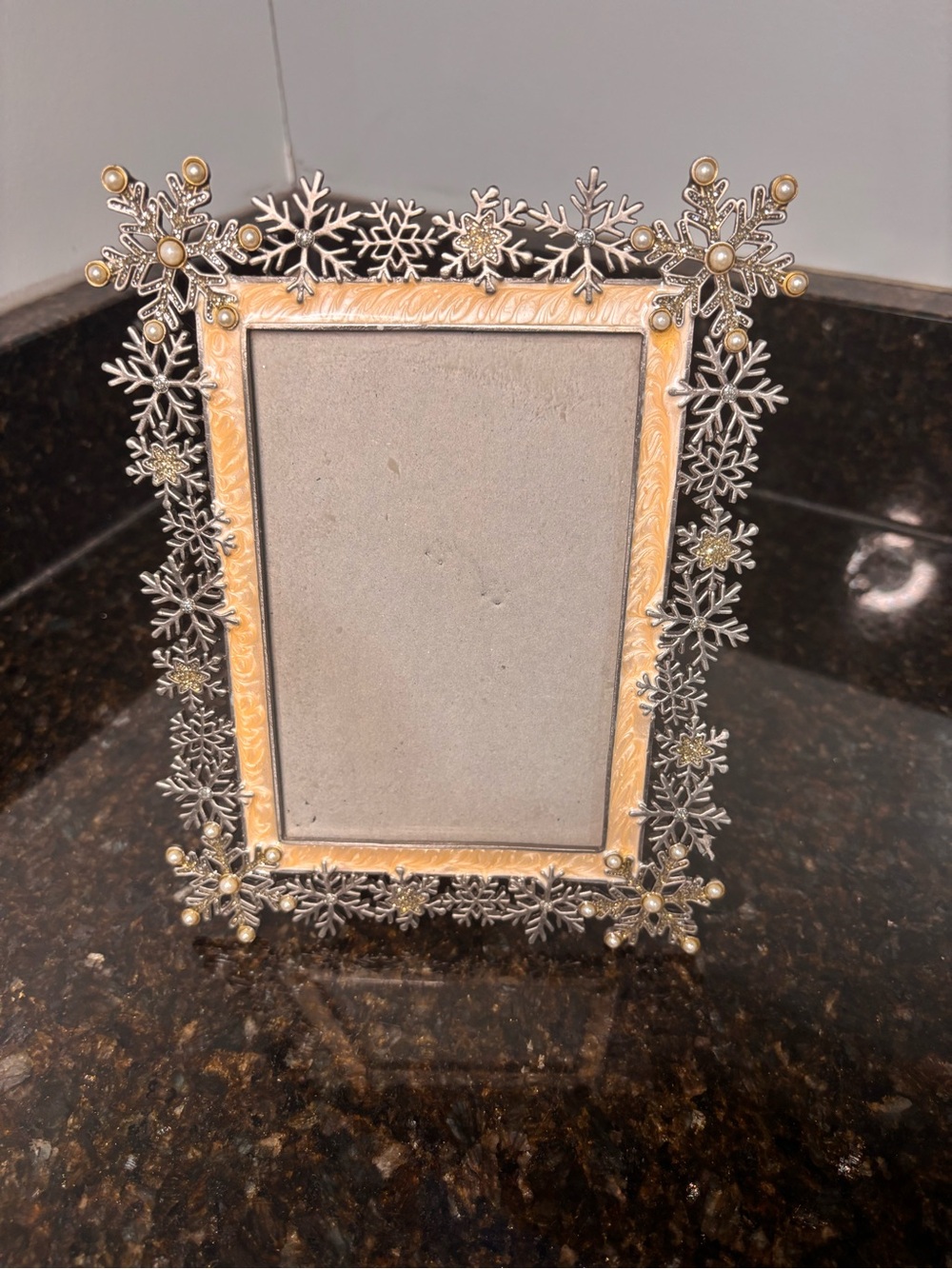 Vintage Ornate Pewter Snowflake Photo Frame w/Pearl and Rhinestone Accents